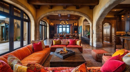 Naklejka premium Elegant Mediterranean living room with arched doorways, vibrant colors, and rustic wooden beams.