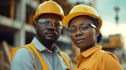 Obraz premium Black Engineers, a Man and a Woman, at a Construction Site