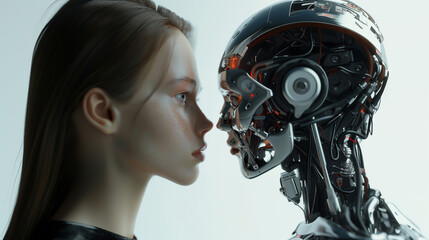 Robotic Encounter Woman and Robot in Studio Shot on White Background