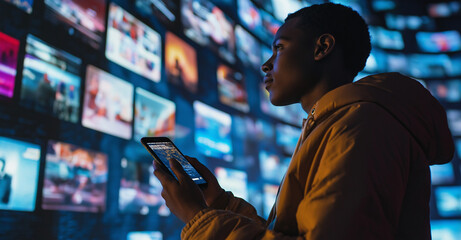 Portrait of Caucasian Man Using Smartphone in Metaverse With Animated Stream Of Interfaces With Social Media, e-Commerce Shopping, Ai