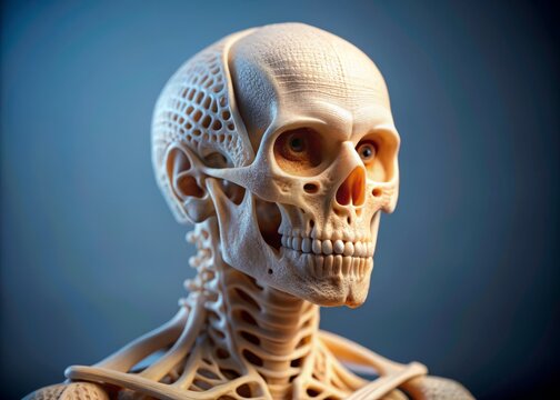 Closeup of 3D printed prototype human bone model made from polyamide powder using advanced technology