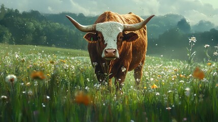 A portrait of a bull in a lush green field, with wildflowers blooming around it, embodying the beauty of rural landscapes.