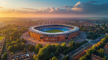 Aerial view of a soccer stadium during sunset