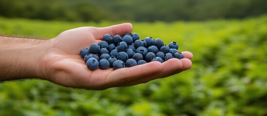 Freshly Harvested Blueberries in Hand Against a Lush Green Field Background