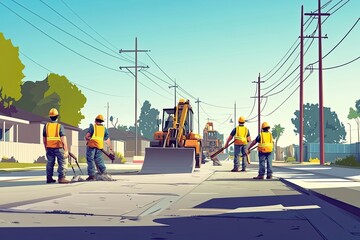 Obraz premium Construction Workers on a Street with Excavators in the Background