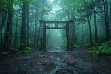 Misty Aokigahara forest with traditional torii gate entrance