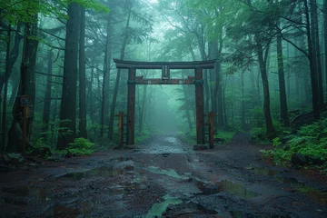 Fotobehang Misty Aokigahara forest with traditional torii gate entrance © AS Photo Family