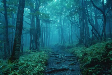 Obraz premium Mysterious Aokigahara forest landscape at twilight with serene atmosphere