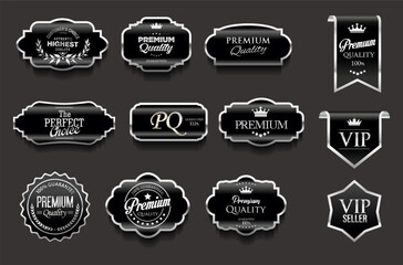 Golden luxury labels and badges premium quality certificate ribbons vector illustration 