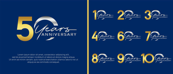 set of anniversary logo flat gold and silver color on blue background for celebration moment