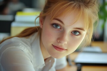 Arbeitsplatz: Young Woman Employee at Office Desk focusing on Business Training for Successful Career