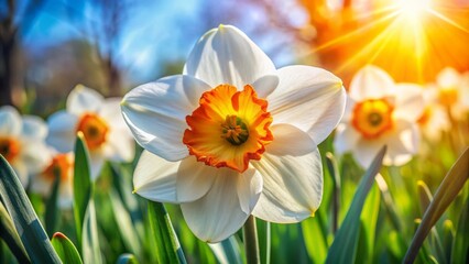 Close-Up of Beautiful Narcissus Flower with White and Orange Petals on a Sunny Spring Day