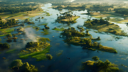 Aerial View of a Lush River Delta in Africa
