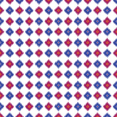 Burmese pattern, geometric square, blue, purple, yellow, red, light blue, perfectly blended, seamless, beautifully arranged, fabric pattern for textiles, curtains, clothing, sarongs.