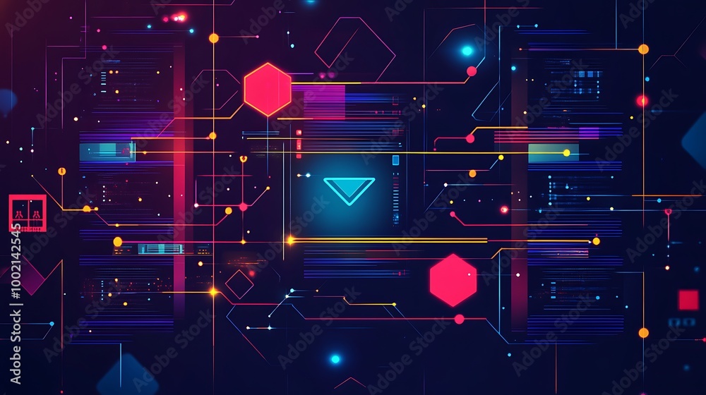 Poster abstract digital background with neon lines and glowing shapes.