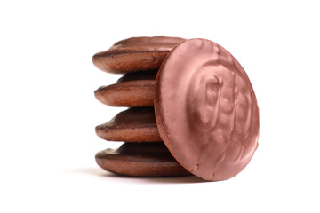 Stack of Chocolate-Coated Cookies on White Background