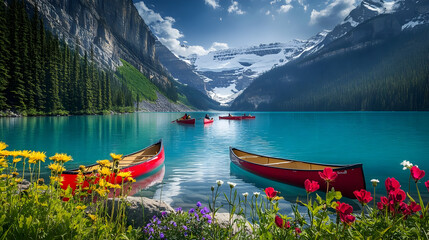 Stunning Mountain Lake Landscape With Canoes