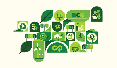 BCG concept for sustainable economy development. Bio economy, circle economy, green economy with icons for web banner. Environment eco friendly. Vector illustrator.