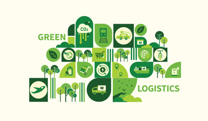 The concept of green logistics and supply chain with icons. Sustainable development, economy and clean, greenhouse-free transport in the form of electric, hybrid or hydrogen propulsion vector.