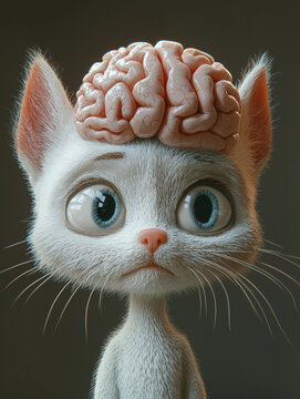 3D-rendered cat with an exaggerated brain and curious wide eyes, blending cuteness with creativity.