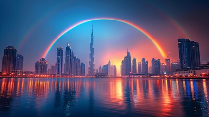 Obraz premium Majestic rainbow arching over Dubai skyline at sunset reflection