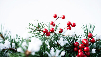 Red Berries on a Snowy Pine Branch