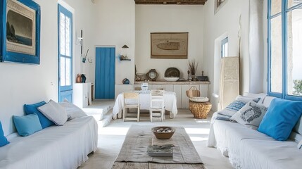 Mediterranean coastal living room with whitewashed walls, blue accents, and a light, airy atmosphere.