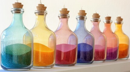 A series of clear glass bottles filled with colored sand, arranged in a gradient, creating an eye-catching display of art and craftsmanship.