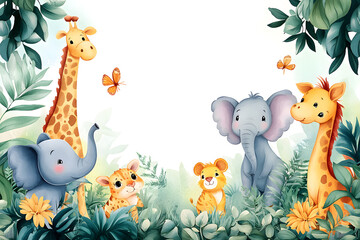Cute cartoon safari zoo with animal frame border on background in watercolor style.