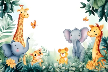 Cute cartoon safari zoo with animal frame border on background in watercolor style.