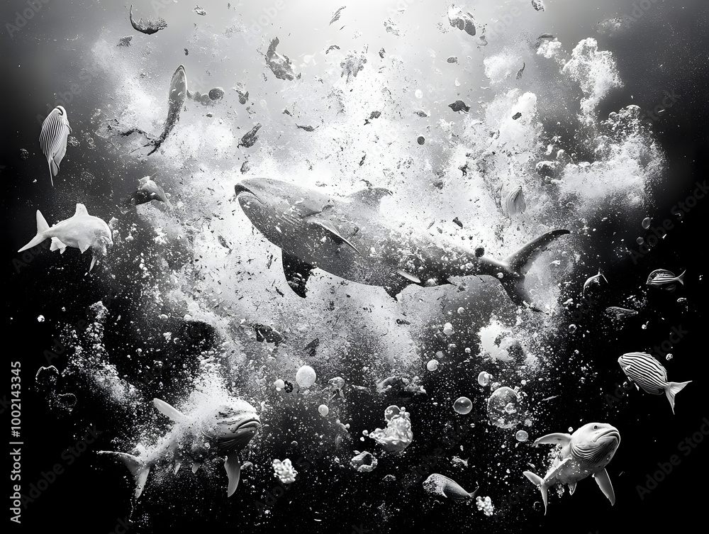 Wall mural Dark, reflective, surreal black and white poster of sea animals disintegrating into particles