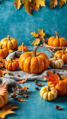 Pumpkins and Fall Leaves on Blue Background