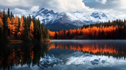 Fototapeta premium Stunning Autumn Landscape: Mountain Lake with Snow-Capped Peaks and Vibrant Fall Foliage