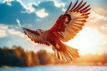 Brahminy kite soaring above as the sun goes down