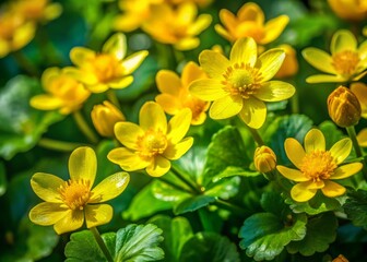 Obraz premium Close-Up of Vibrant Yellow Celandine Flowers Blooming on a Lush Green Bush in Natural Light