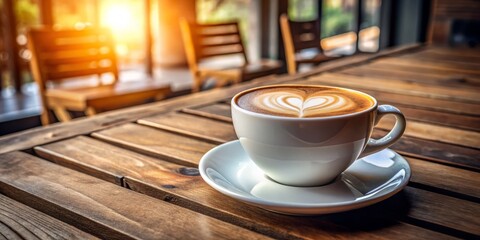 Fototapeta premium Close-Up of White Coffee Cup with Heart-Shaped Latte Art on Wooden Table in a Cozy Cafe Setting