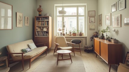 Fototapeta premium Mid-century Scandinavian living room with vintage furniture, wooden accents, and soft, pastel colors.