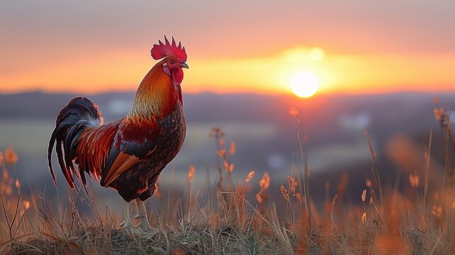 Majestic rooster crowing at sunrise on a serene morning