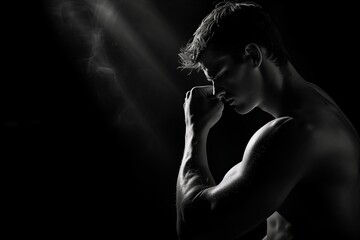 Obraz premium Dramatic black and white portrait of shirtless man in contemplative pose. Dark background, light beam highlights muscular form. Conveys strength, vulnerability, and introspection