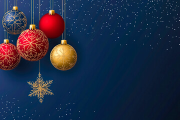 Festive red and gold Christmas ornaments hanging against a dark blue background with falling snowflakes. Ideal for holiday cards and festive designs.