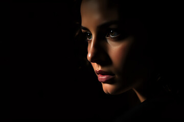 A dramatic, high-contrast portrait of a woman featuring intense chiaroscuro lighting that accentuates her facial features