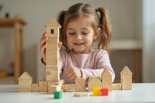 A joyful 5-year-old girl is engrossed in building a tower with wooden blocks