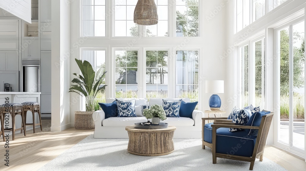 Wall mural modern coastal living room with a fresh white and blue color palette, large windows, and nautical ac