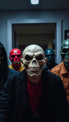 Man wearing a skull mask in a dark hallway with other masked figures