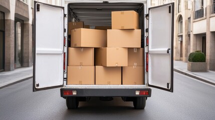 Truck with Open Doors and Stacked Boxes on Street