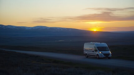 Fototapeta premium Tourists Driving Rental Camper Van at Sunset