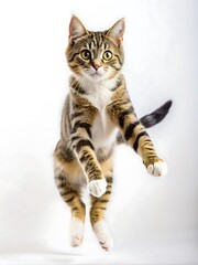 Cat in Midair Side View. Funny Jumping Cat Moment. Side Pose Cat Leaping Fun. Hilarious Cat Jump Capture. Jumping Cat on White.
