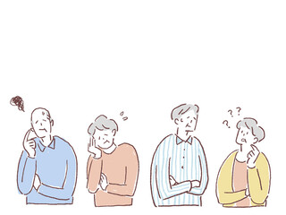 困った顔をするお年寄り、シニア4人