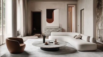 Modern Italian living room with sleek lines, luxury materials, and a neutral color palette with marble surfaces.