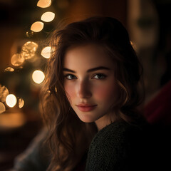 Woman sitting in cozy living room, looking thoughtfully at camera, blurry Christmas lights creating festive atmosphere in the background.